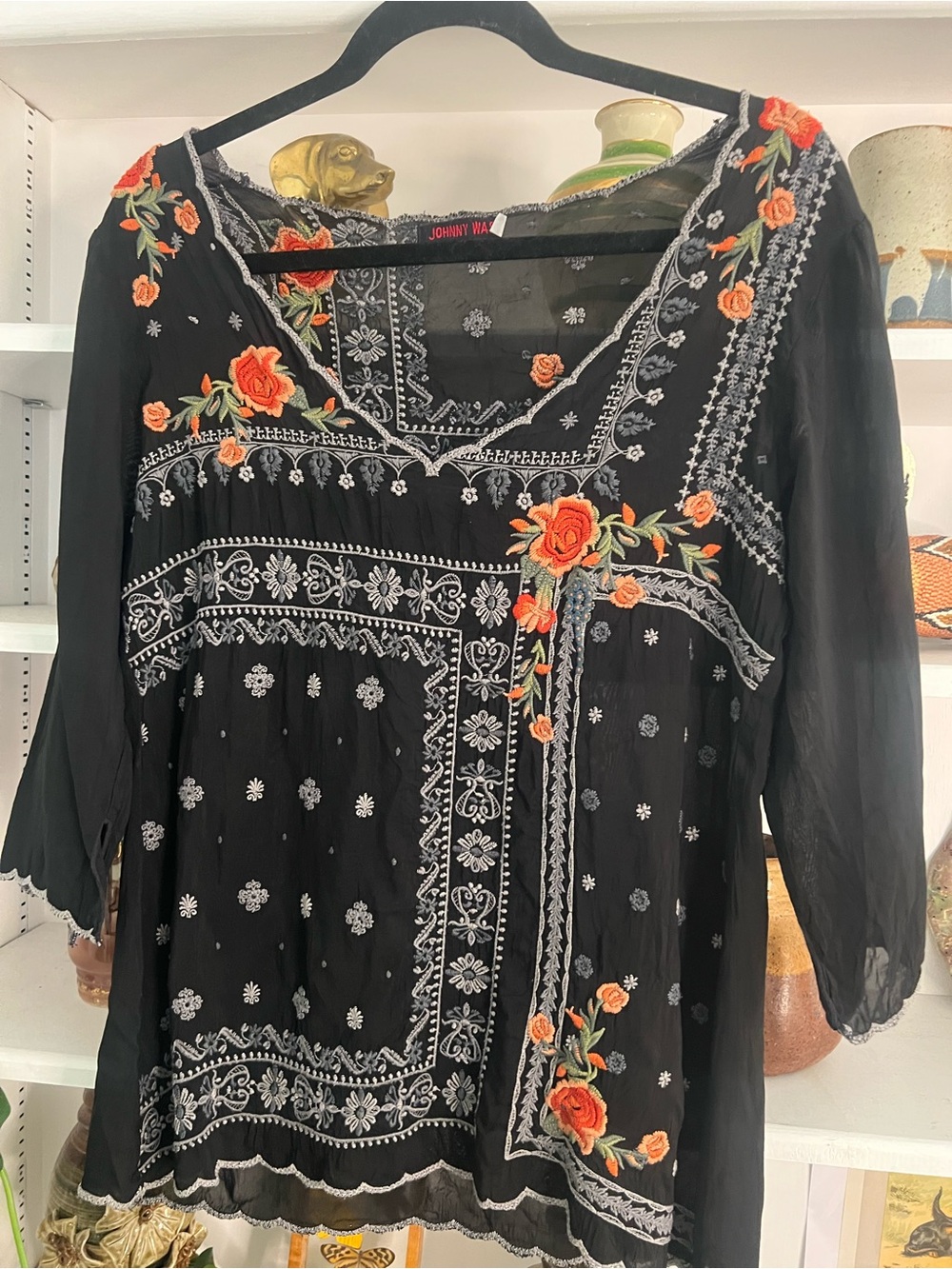 Johnny Was Black Embroidered Rayon  Blouse Size S
